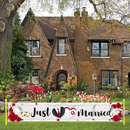 Vista 3 de Labakita Cartel grande de Just Married, cartel de ceremonia de boda para patio delantero, cartel de boda para exterior interior, suministros