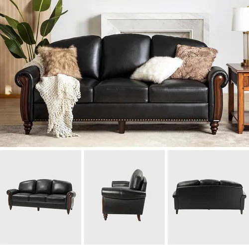Vista 6 de HULALA HOME Sofá de cuero genuino de 3 plazas, sofá tradicional para sala de estar con patas de madera maciza talladas, color negro