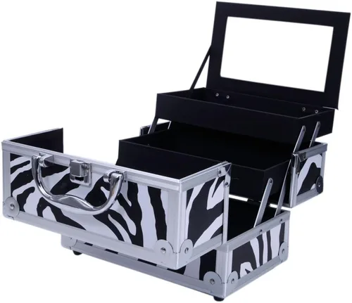Vista 5 de Caja de tren de maquillaje de aluminio ligero, joyero, organizador de cosméticos con espejo (9.06 x 5.91 x 5.91) (largo x ancho x alto) cebra