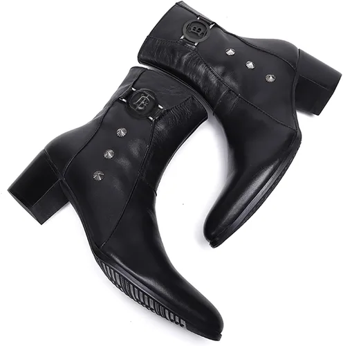 Vista 5 de Santimon Botas de vestir para hombre, estilo casual, de cuero auténtico, botas Chelsea de moda, botas vaqueras occidentales, para baile de Negro