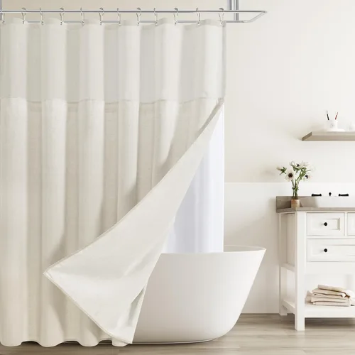 Vista 14 de Naturoom Cortina de ducha de lino de 72 pulgadas para baño, color beige y blanco, doble capa