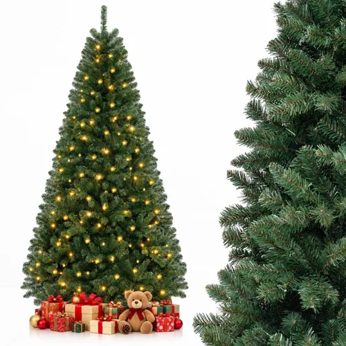 Vista 39 de COSTWAY Árbol de Navidad artificial de 6 pies, diseño preiluminado con Verde nevado