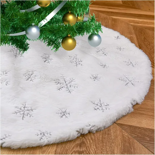 Vista 13 de Falda de árbol de copos de nieve de oro rosa de 24 pulgadas, faldas de árbol de piel sintética blanca, mini faldas de árbol de Navidad, tapete