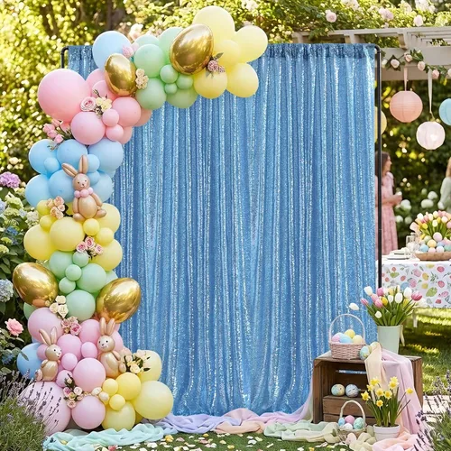 Vista 2 de Cortinas de fondo de lentejuelas con purpurina azul bebé, 2 piezas de 2 x 8 pies, telón de fondo de fiesta de baby shower para niños, hermosas