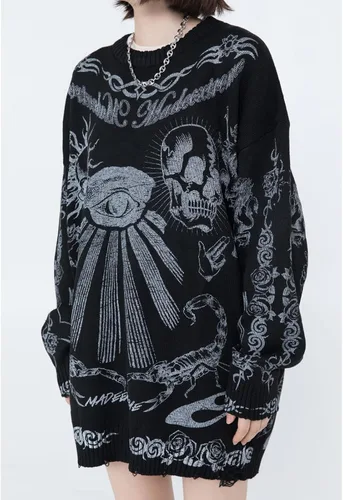 Vista 4 de Suéter gótico, suéter oscuro, suéter Harajuku, ropa deportiva, casual, con estampado de cabeza, suéter térmico de calle, hip hop