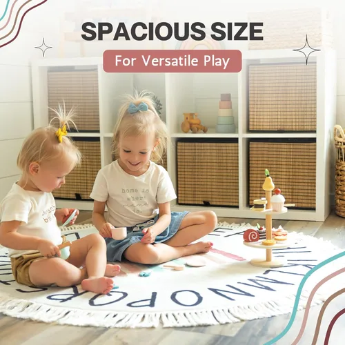 Vista 6 de ABC Lovely - Alfombra bohemia con diseño de arco iris, alfombra redonda de 4 pies para sala de juegos de niños pequeños, alfombra redonda para aula