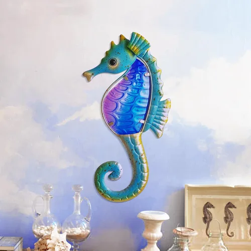 Vista 9 de POXOH - Juego de 3 decoraciones de pared de caballito de mar de metal, temática costera del océano de vida marina para interiores y exteriores, arte
