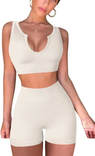 Vista 4 de QINSEN Conjuntos de entrenamiento sin costuras para mujer, brasier deportivo acanalado de cintura alta, pantalones cortos para correr, gimnasio