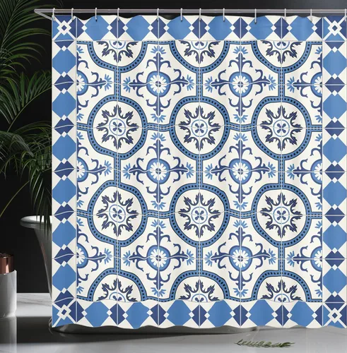Vista 3 de Ambesonne Cortina de ducha marroquí, estilo turco oriental, motivos de mosaico en diseño retro clásico, juego de decoración de baño de tela