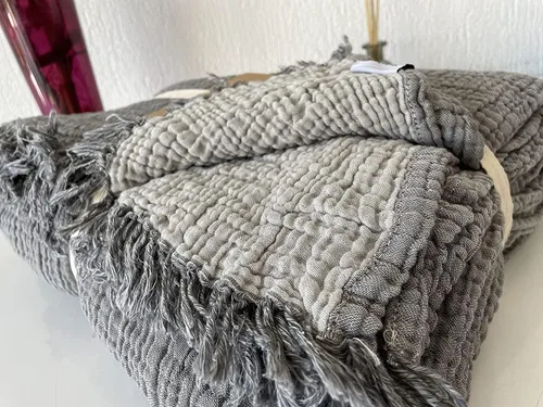 Vista 7 de Manta de muselina 100% algodón, colcha de 4 capas, funda de cama de muselina de algodón turco suave, colcha reversible, gris antracita