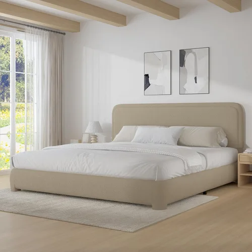 Vista 41 de BarnFurin Base de cama individual con cabecero, cama de plataforma tapizada Cloud Boucle, esquinas redondeadas suaves, no necesita somier, Beige