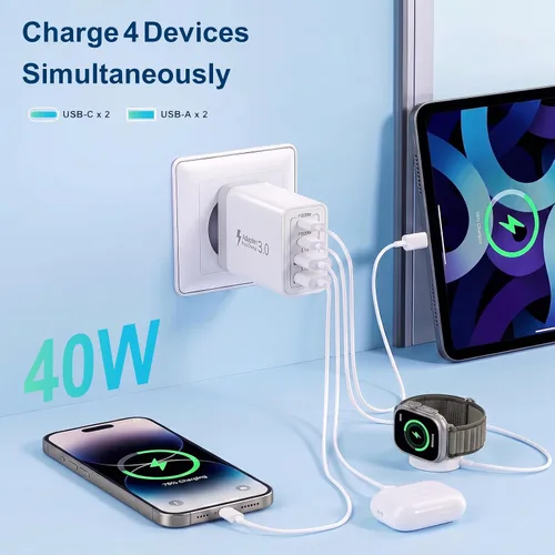 Vista 3 de Bloque europeo del cargador 4 puertos USB C del cargador, adaptador europeo