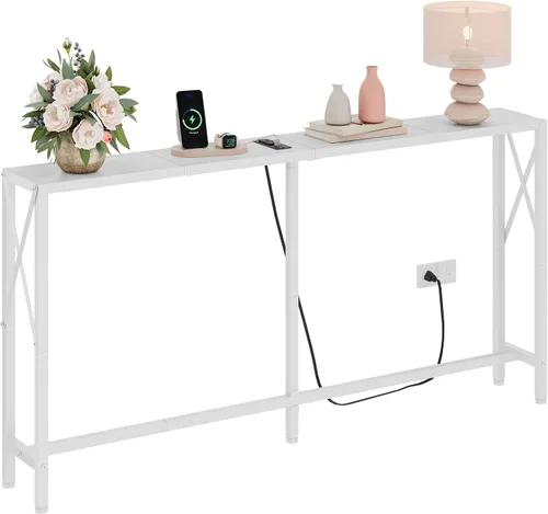Vista 20 de Gewudraw - Mesa de sofá estrecha de 55.1", mesa consola con tomas de corriente y puertos USB, mesa de entrada, mesa de sofá industrial para pasillo