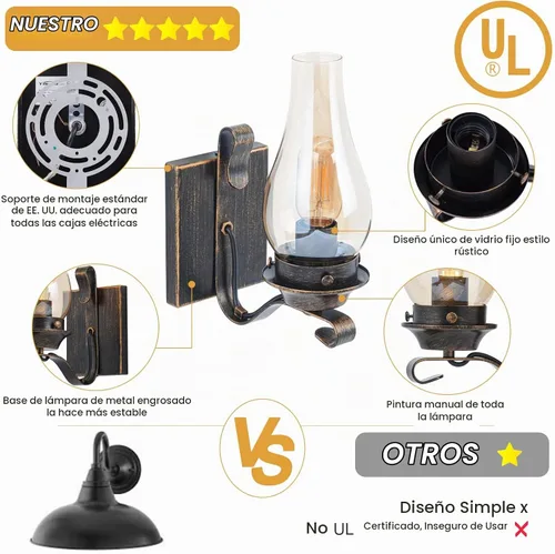 Vista 2 de Yisuro Aplique de Pared con Cable, Aplique de Pared de Bronce Cepillado con Cable para Interior, Lámparas de Pared Retro Rústicas con Vidrio Ámbar