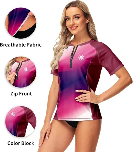 Vista 3 de AOBUTE Camiseta de surf con cremallera de manga corta con gradiente UPF 50+ para mujer