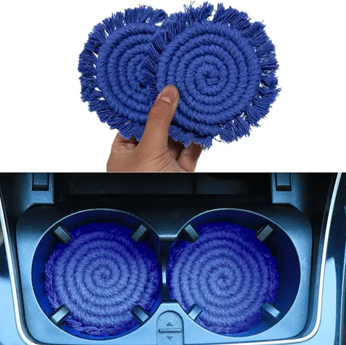 Vista 10 de Posavasos de automóvil boho de 3.8 pulgadas para portavasos, 2 posavasos para automóvil, posavasos absorbentes de macramé, bonito juego de posavasos