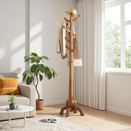 Vista 8 de Perchero de madera independiente, árbol de madera maciza con 8 ganchos, árbol de abrigo independiente resistente con base estable, entrada, pasillo