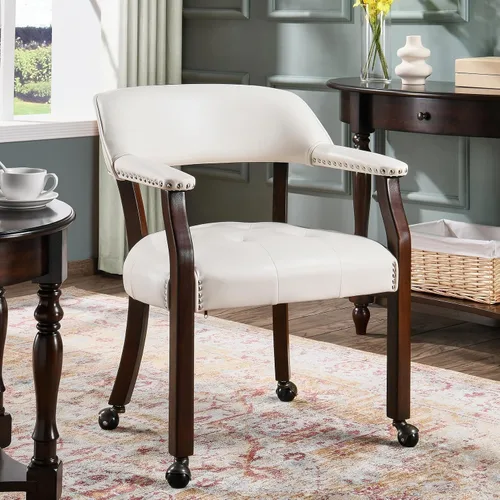 Vista 11 de Sillas de comedor con ruedas y brazo, sillas de capitán Caster Boss con patas de madera maciza, sillas de escritorio de oficina con botón tapizado