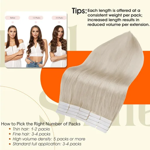 Vista 3 de Full Shine - Extensiones de cabello humano con cinta adhesiva invisible, 10 pulgadas, color liso rubio platinado 60, cabello lacio con cinta
