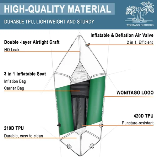Vista 2 de TPU Packraft Inflatable Backpack Raft, Lightweight and Portable Verde