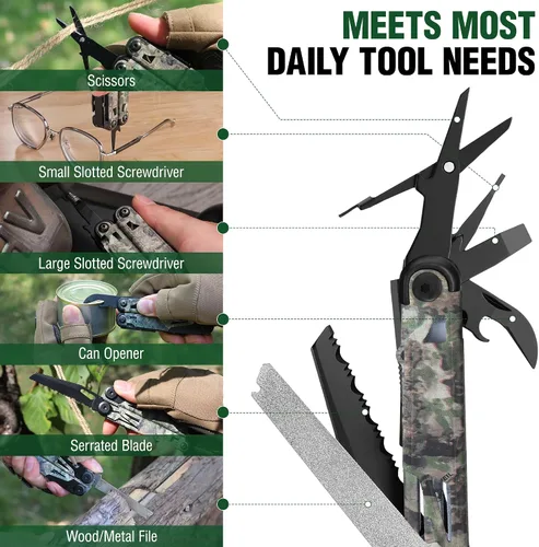 Vista 6 de FLISSA Multiherramienta, cuchillo de bolsillo multiherramienta 15 en 1 con funda, alicates multiherramienta EDC de acero inoxidable para hombres