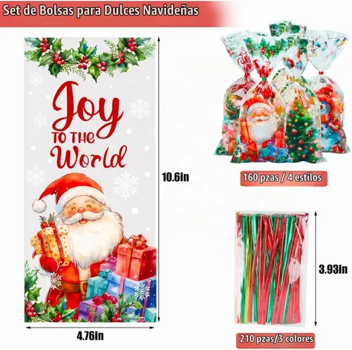 Vista 2 de DIYASY Bolsas de celofán de Navidad, 180 bolsas de regalo de Navidad, bolsa de plástico para dulces, bolsa transparente para bocadillos con lazos