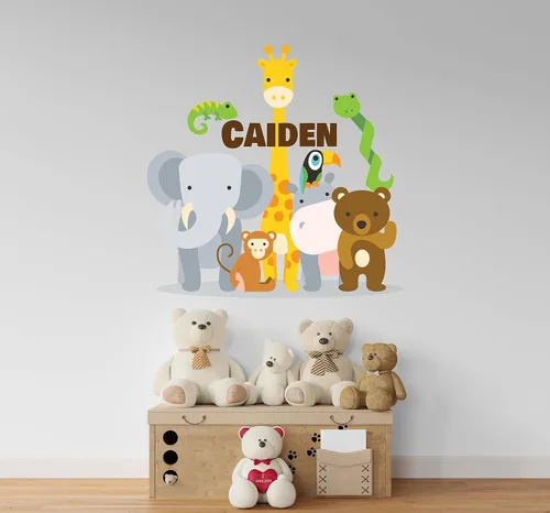 Vista 4 de Calcomanía de pared con nombre personalizado de animales de la selva, diseño de animales del zoológico de safari para bebé, calcomanía de pared