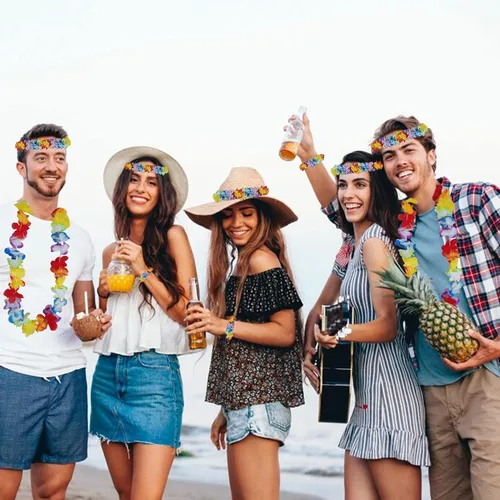 Vista 3 de Mowane 48 piezas de Leis hawaianos gruesos a granel, flores tropicales, 12 diademas, 24 pulseras, 12 collares florales para suministros de fiesta
