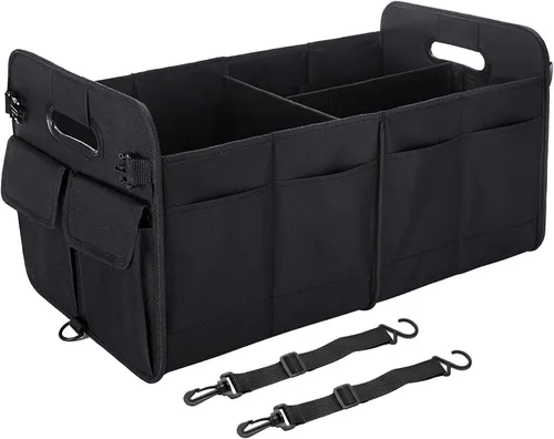 Vista 17 de titiyiof Organizador de maletero para SUV y sedán, organizadores y almacenamiento de automóvil, correas plegables y ajustables, organización Beige