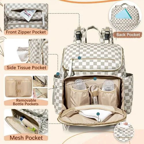 Vista 3 de Omanmoli Bolsa de pañales a cuadros, mochila grande de cuero para pañales con 17 bolsas organizadoras, cambiador, correas para cochecito, 4 Beige