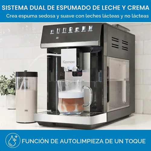 Vista 6 de Kenmore Cafetera Automática Completa - Con Molinillo, Espumador de Leche y Vaporizador, Tamper Automático, Máquina de Espresso Descalcificadora Negro
