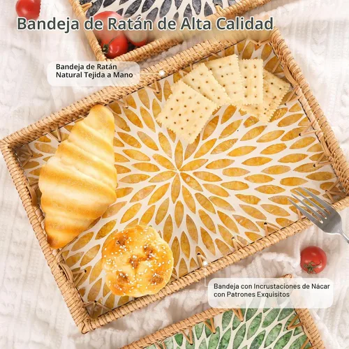 Vista 4 de Bandeja rectangular de ratán con incrustaciones de madreperla, bandeja de ratán con asa para café, pan, frutas, aperitivos, bandeja decorativa