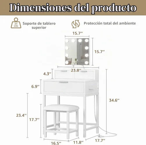 Vista 3 de BOLUO - Escritorio de maquillaje blanco con espejo de Hollywood y luces, juego de tocador para niñas con taburete, mesa de maquillaje compacta