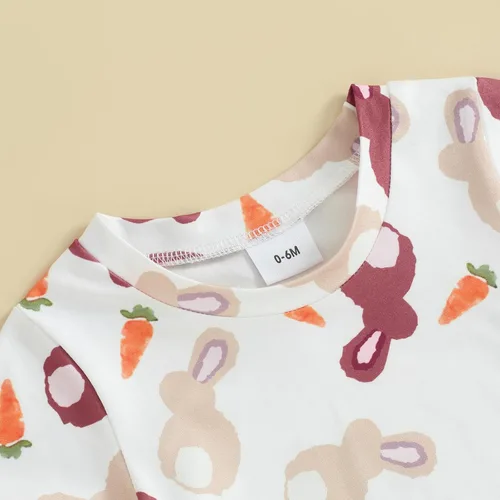 Vista 2 de Muasaaluxi Traje de Pascua para bebé, niña, niño, camiseta de manga corta con diseño de conejo, zanahoria, pantalones cortos para correr, 2 piezas
