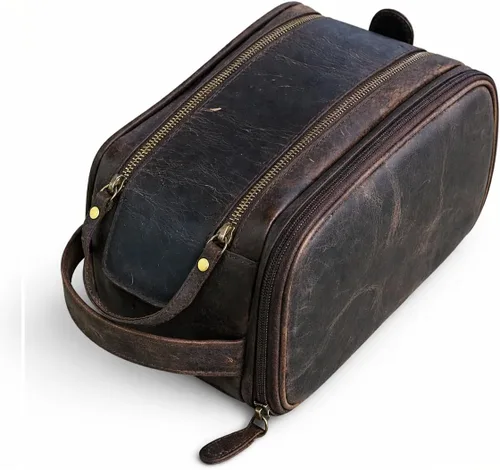 Vista 10 de Neceser de cuero para mujer, bolsa de cosméticos, kit Dopp, marrón oscuro, 10 x 4 x 5.5 pulgadas, vintage prémium