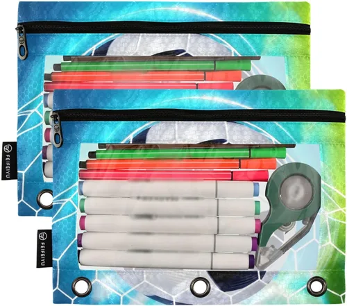 Vista 2 de Estuche para lápices de fútbol de fútbol en campo para carpeta de 3 anillas, paquete de 2 bolsas impermeables para lápices, estuche transparente