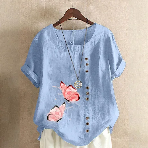 Vista 2 de Tuianres Camisetas de gran tamaño para mujer, de manga corta, con botones, de lino, de algodón, ajuste holgado, con estampado de mariposas, blusa