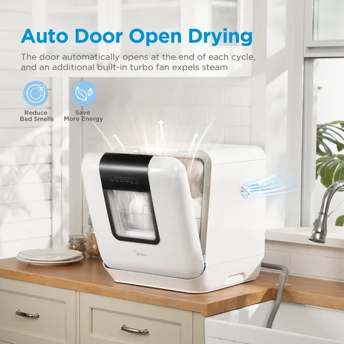 Vista 2 de Midea MDC17P2DWW Lavavajillas portátil para encimera con tanque de agua integrado de 6 L (1.59 G), 5+2 programas, apertura automática de puerta
