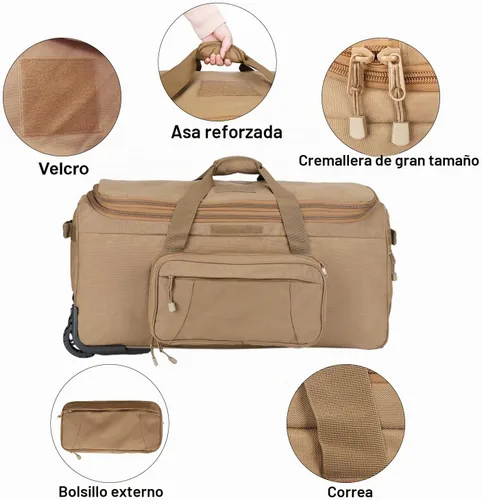 Vista 3 de Bolsa de despliegue con ruedas táctica militar 124L, Canela, Bolsa de lona con ruedas Bolsa de despliegue