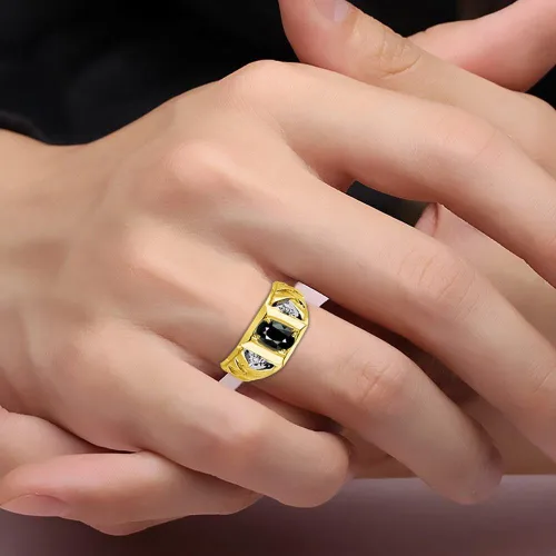 Vista 3 de RYLOS - Anillos para hombre de oro amarillo de 14 quilates - Anillo de diamante y ónix de 0.276 x 0.197in de color piedra preciosa anillos