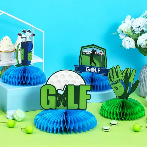 Vista 2 de Cheereveal Decoraciones de fiesta de golf, centros de mesa de panal de golf, decoraciones de papel de mesa 3D para jugar al golf, suministros
