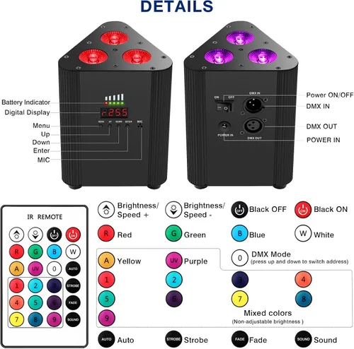 Vista 7 de Luces Par de escenarios alimentadas por batería, LED 4 en 1 RGBW a todo color, 6 horas de funcionamiento en todo color, control remoto y DMX; luces