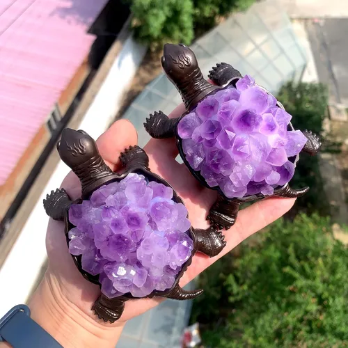 Vista 7 de Runyangshi Tortuga de amatista natural de 4.52 pulgadas, tortuga de cristal curativo de brotes de amatista, hecha a mano, decoración del hogar