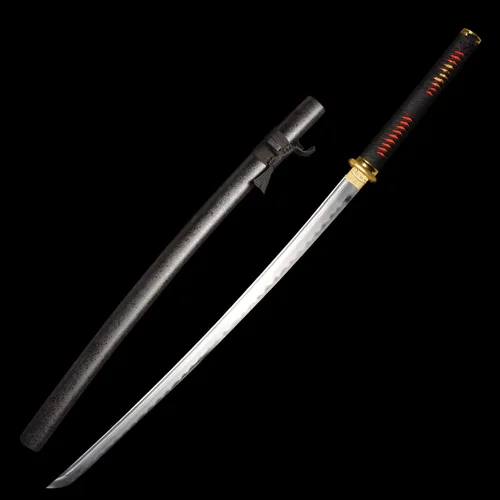 Vista 9 de Espada japonesa hecha a mano, negro/rojo-oro, soporte de exhibición