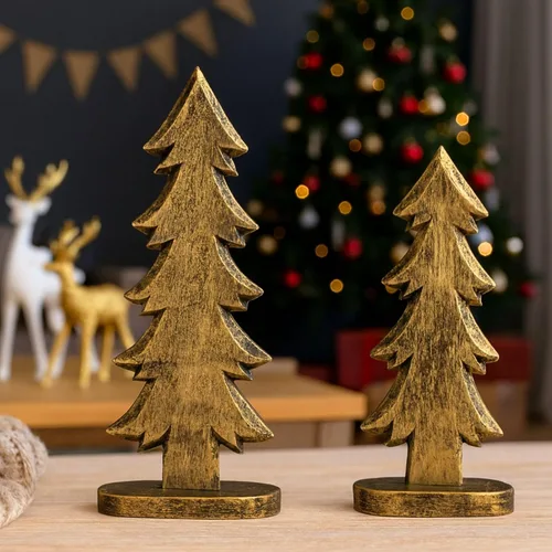 Vista 2 de Mie Creations Juego de 2 figuras de árbol de Navidad, decoraciones rústicas de Navidad para el hogar, sala de estar, centro de mesa, repisa
