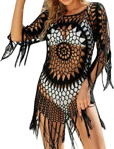 Vista 3 de Traje de baño para mujer, cubierta de bikini con encaje hueco, borla, traje de baño sexy para playa