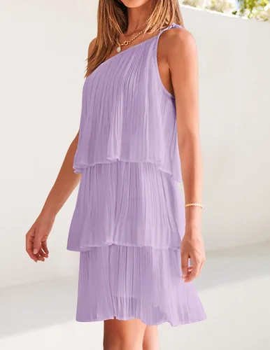 Vista 8 de ZESICA Vestido corto bohemio de verano para mujer, con un hombro, sin mangas, con volantes, escalonado, de gasa, plisado, acampanado, para mujer