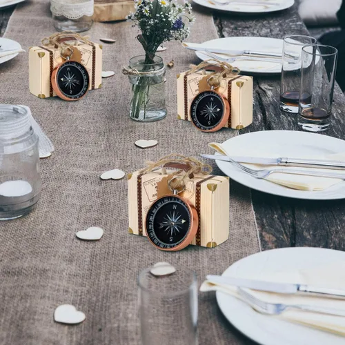 Vista 4 de 50 piezas de brújula colgante de boda para invitados, brújula regalo de recuerdo con etiquetas de papel kraft y caja para viajes, bodas, fiestas
