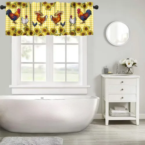 Vista 5 de Cenefa de ventana de gallo de Western Farm, pollo, girasol, retro, con estampado de cuadrícula de búfalo amarillo, bolsillo para barra, tratamientos