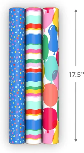 Vista 4 de Hallmark Mini rollos de papel de regalo de cumpleaños, paquete de 3 (rayas de arco iris, globos coloridos, lunares sobre azul) para graduaciones